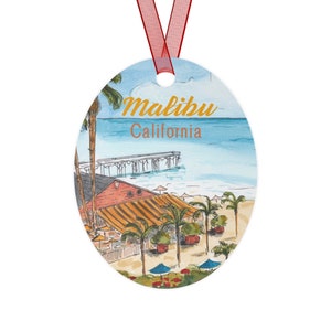 Paradise Cove, Malibu Metal Ornaments Art, Christmas Ornament, California Coast Laguna Beach Ornament, Personalized Custom Text Option