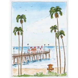 Balboa Pier Art Print, Newport Beach Art Poster Print, Southern California Coast Watercolor Sketch Landscape Wall Décor, Whimsical Art Décor