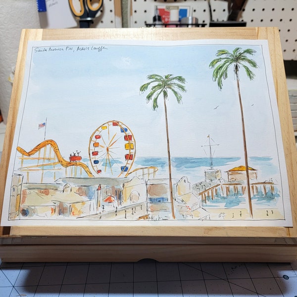 Santa Monica Pier Art Print, California Watercolor Landscape Décor, L.A. Coastal Charm, Whimsical, Fun Original Painting