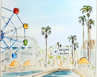 Newport Beach Fun Zone Balboa Art | Coastal Watercolor Sketch | California Landscape Poster Print | Fun, Whimsical Wall Décor