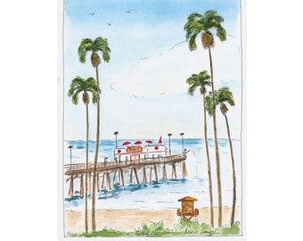 Balboa Pier Art Print, Newport Beach Art Poster Print, Southern California Coast Watercolor Sketch Landscape Wall Décor, Whimsical Art Décor