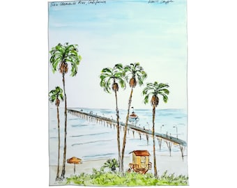 San Clemente Pier Art Watercolor Sketch Drawing Landscape Art, California Coast San Clemente Seascape Palm Trees Art Poster Print