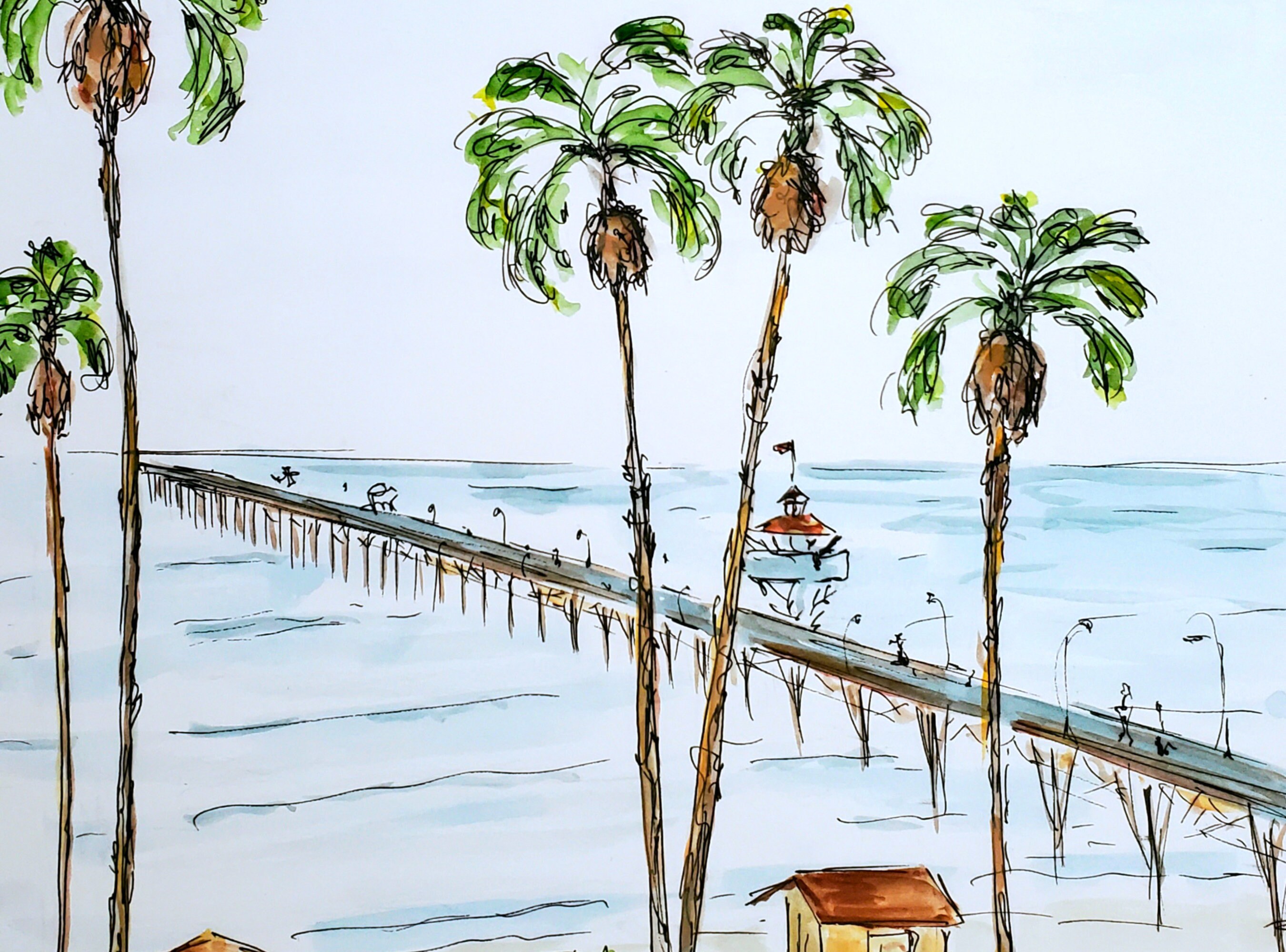 San Clemente Pier Art Print Watercolor Sketch Seascape San Etsy