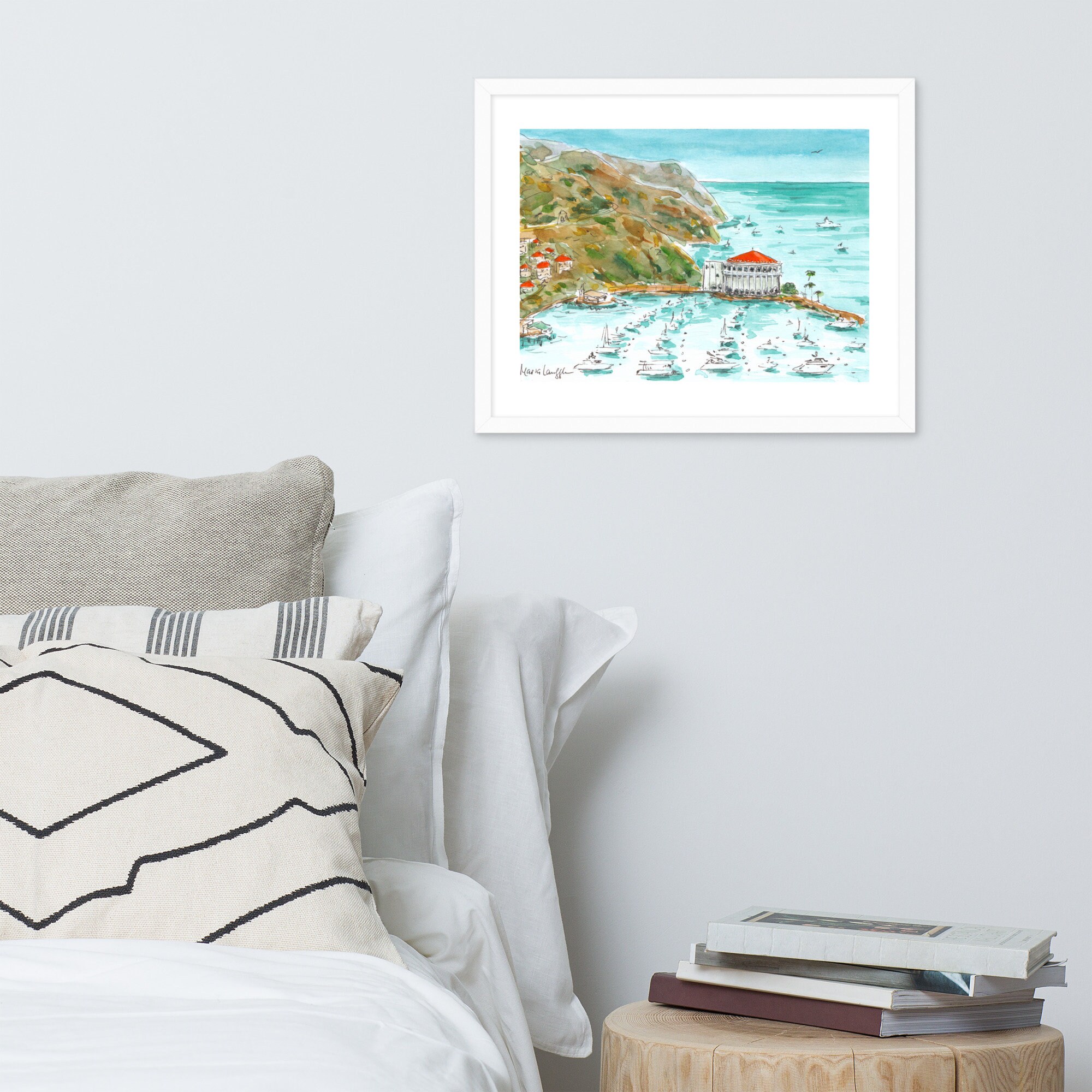 Framed Catalina Island Art – Avalon Harbor Watercolor – California