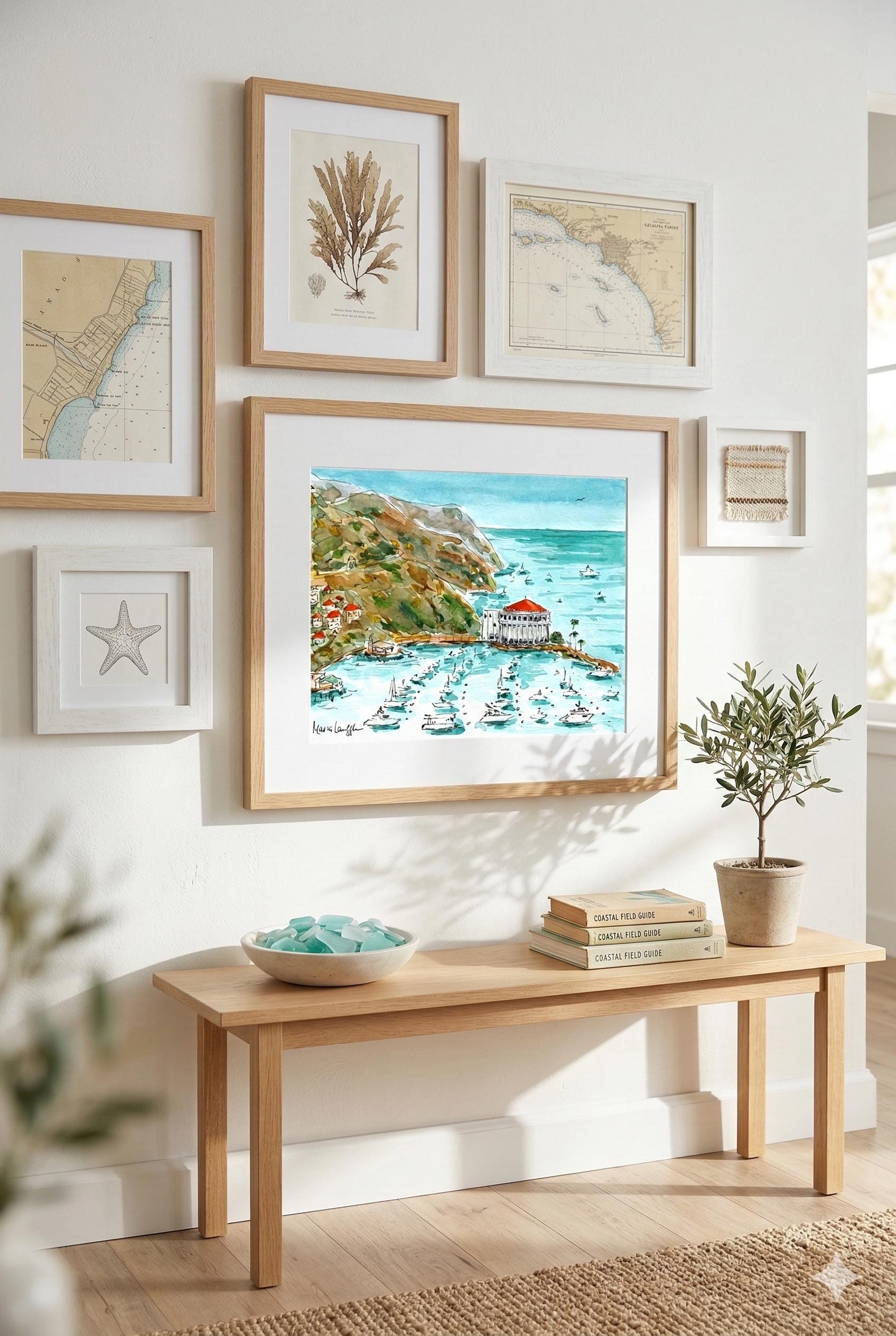 油彩 F8 アリゾナ バリーモニュメント サイン有り S.Koide Framed Catalina Island Art – Avalon Harbor Watercolor – California