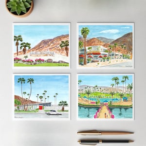 May include: Set of four watercolor illustrations depicting scenes from Palm Springs, California. The illustrations feature palm trees, mid-century modern architecture, and a pool. The text "Palm Springs" is featured in one of the illustrations.