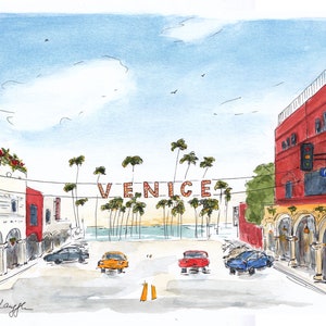 Venice Beach Watercolor Sketch Art Print, L.A. Beach Poster, Large Framed Beach Art, California Wall Décor