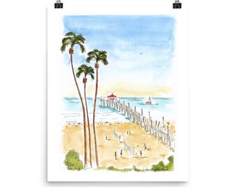 Huntington Beach Pier Art Print, California Coastal Wall Art, Beach House Decor, Travel Poster