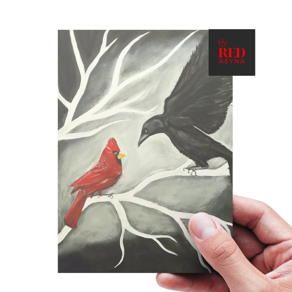 Cardinal & Crow Fine Art Print, Original Artwork, Signed By The Artist Red Reyna, 5x7, 8x10, Bird Decor, Blackbird