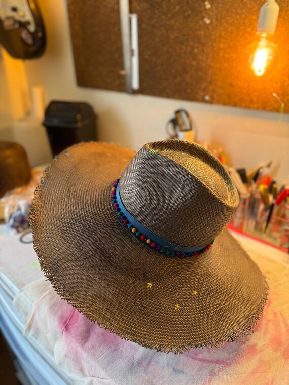 One of a Kind Summer Straw Floppy Hat With Pom Pom Band and Gold
