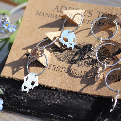 Set of offers 3 Pairs- Sterling Silver Charm Hoop Earrings with Dog, Cat and Crow Skulls- 100% Handmade