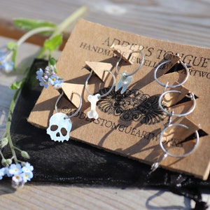 Set of 3 Pairs- Sterling Silver Charm Hoop Earrings with Human Skulls, Bones and Teeth- 100% Handmade