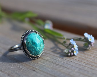 Blackened Sterling Silver and Faceted Chrysocolla Plain Bezel with Beaded Detail Stacking Ring, Size P (US 7.5)