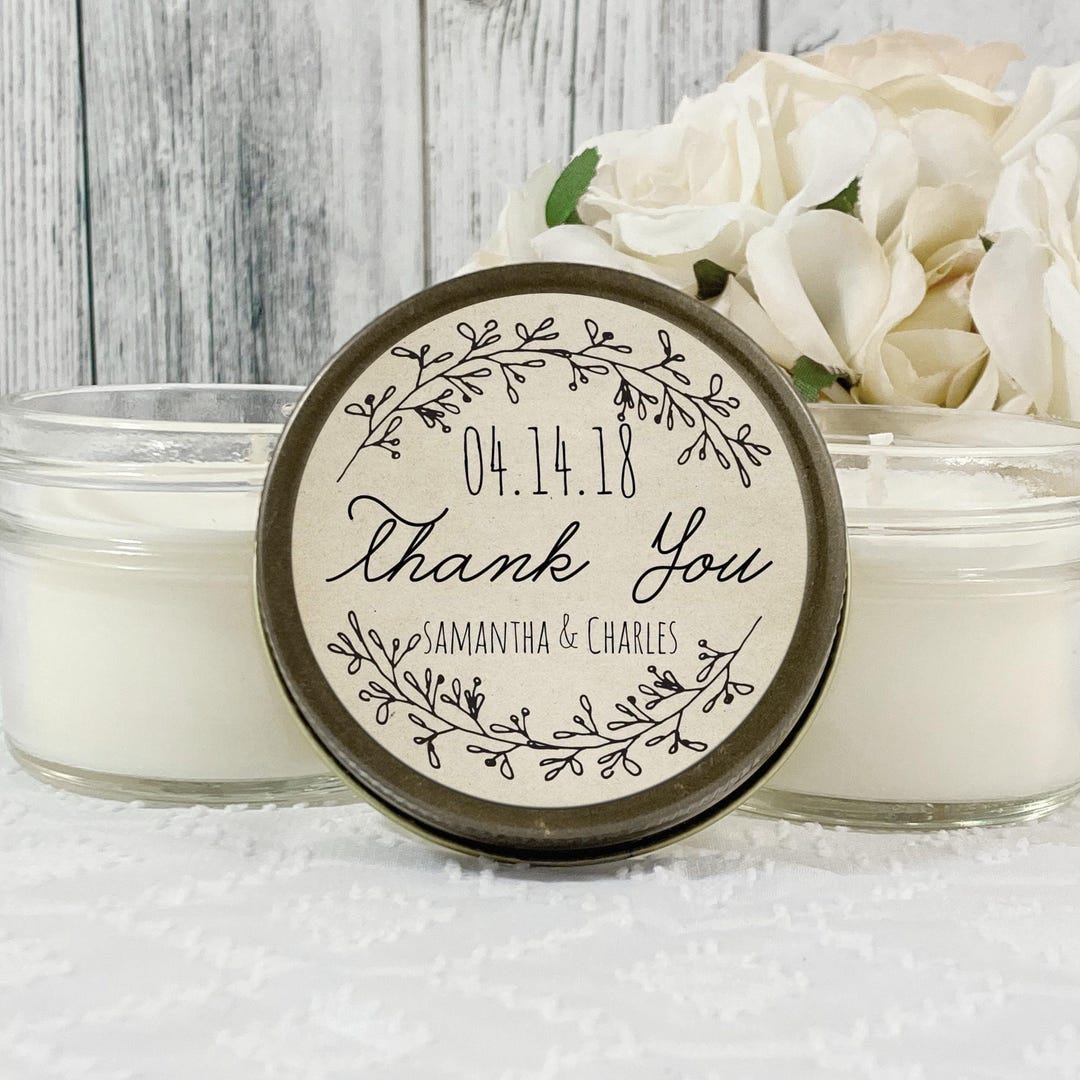 Rustic Wedding Candle Favors: 4oz Soy Wax, Personalized Lid Set of 12 ...