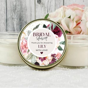Burgundy Floral Bridal Shower Candle Favors: 4oz Soy Wax Set of 12