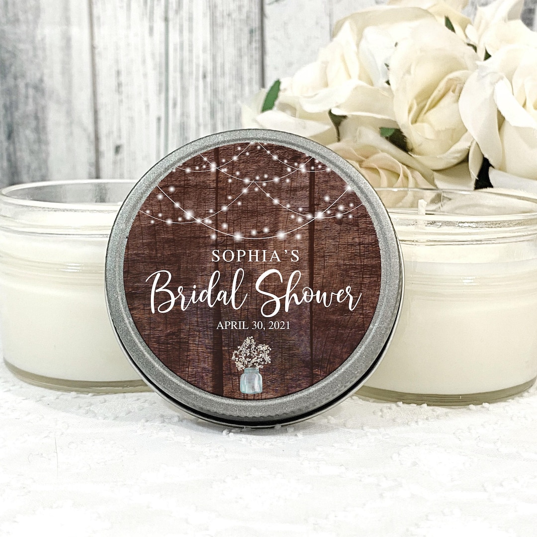 Rustic Bridal Shower Favors: 4oz Soy Candle, Personalized Lid Set of 12 ...