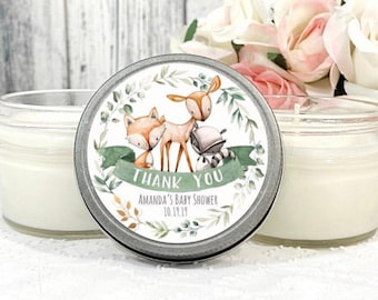 Woodland Baby Shower Candle Favors: 4oz Soy Wax, Greenery Design Set of 12