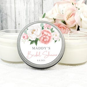 Personalized Bridal Shower Candle Favors: Pink & White, 4oz Soy Candle Set of 12