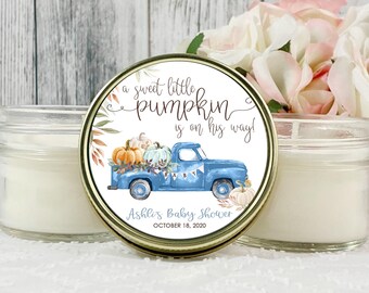 Pumpkin Boy Baby Shower Favors: 4oz Soy Candle, Fall Theme Set of 12