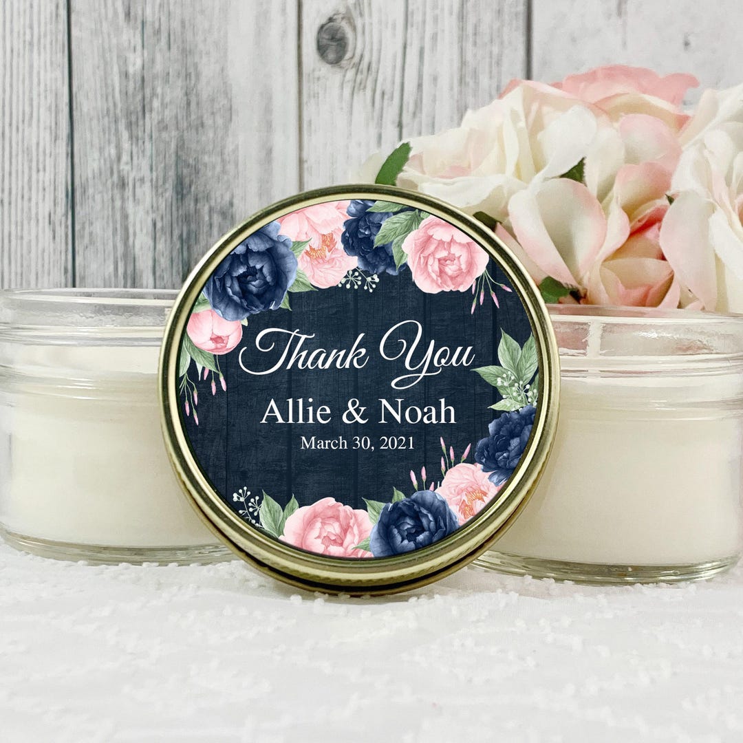 Navy Blush Floral Candle Favor: Wedding, Bridal Shower, Soy Wax Set of ...