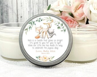 Woodland Animal Baby Shower Candle Favors, Rustic Poem, Set of 12