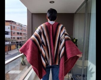 Poncho Lana de alpaca, gris, unisex, textil peruano, tejido a mano Alpacrill - sin Gastos de Envío -