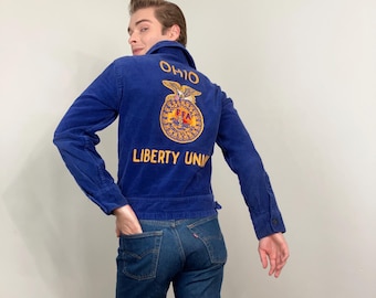 Vintage 80s Custom Chain Stitch FFA Blue Corduroy Jacket