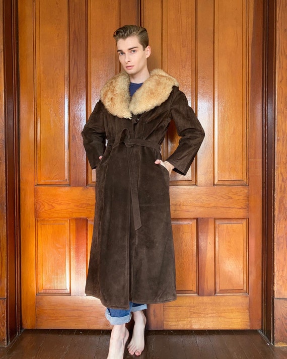 70s brown suede trench coat with shearling collar