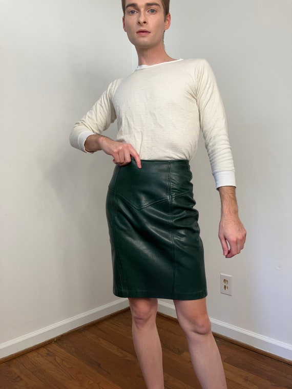 80s Forest Green Leather Skirt Etsy
