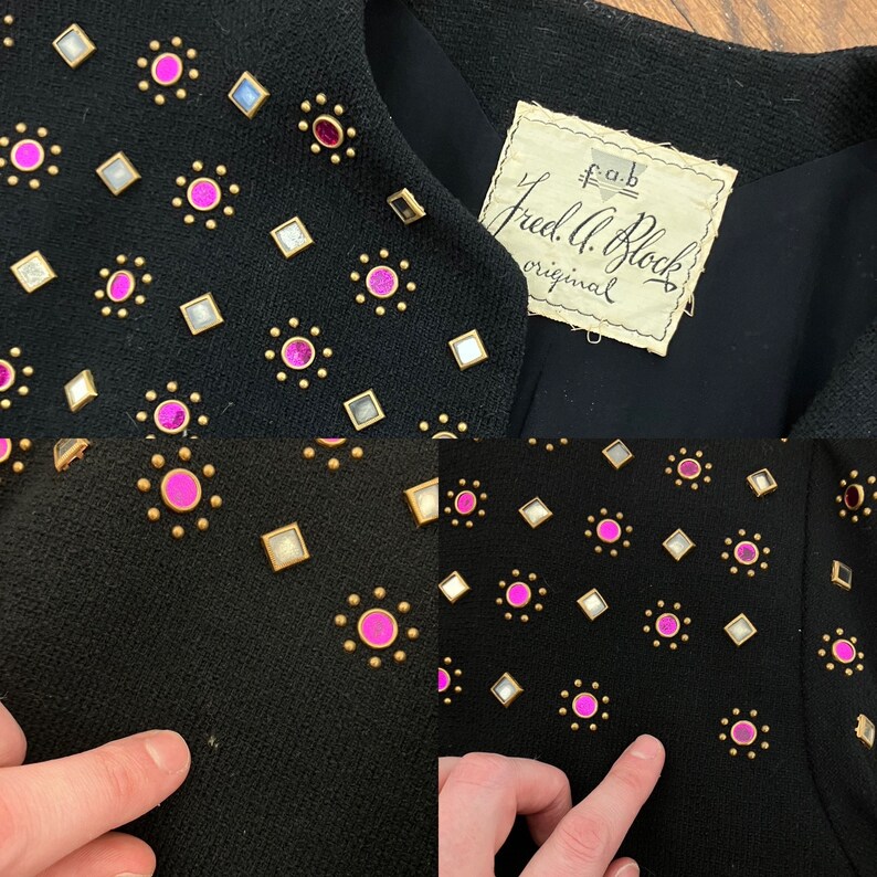 May include: Black blazer with a gold and pink studded design. The blazer has a label that reads "Fred A. Block original".