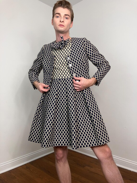 60s Pauline Trigere wool lattice pattern dress set - image 3