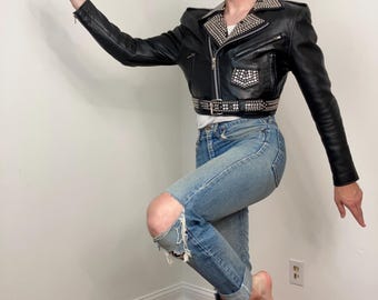 80s La Roxx Studded Black Leather Cropped Moto Jacket - Etsy