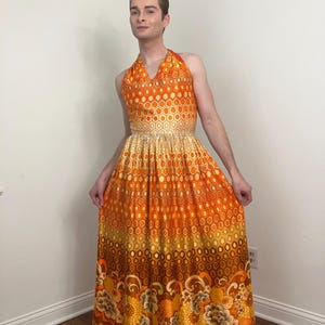 70s Pretaporte large-scale floral border print halter top dress