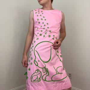 60s / 70s Vested Gentress pink novelty dog print shift dress
