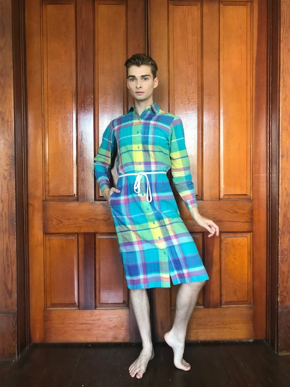 80s Rainbow plaid Indian cotton dress