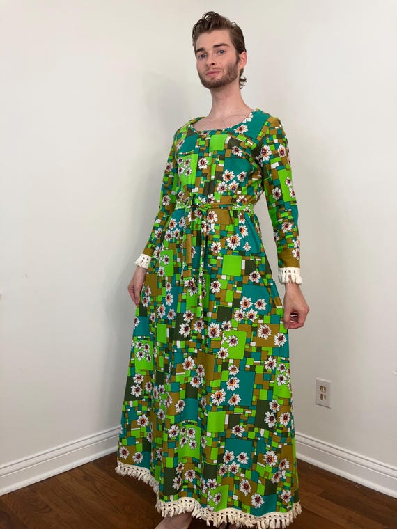 chinese dress ladies Green Geometric Floral Cotton Maxi Dress - All Dresses main image 0