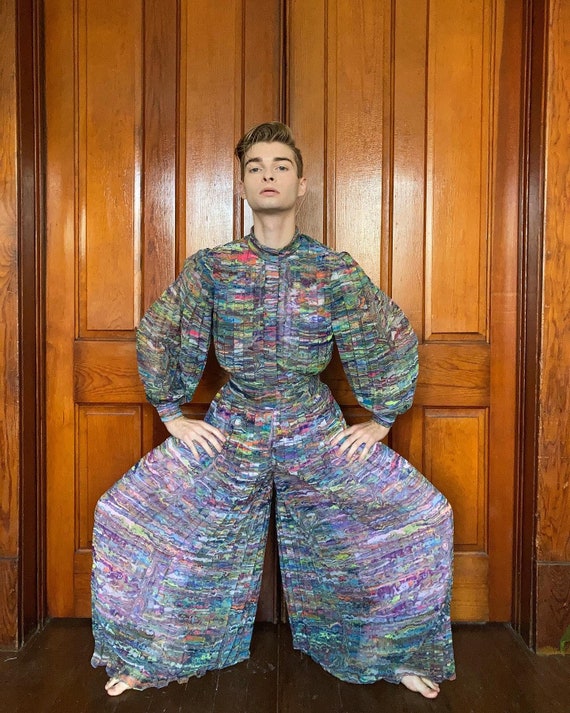 60s/70s Pleated palazzo psychedelic jumpsuit with
