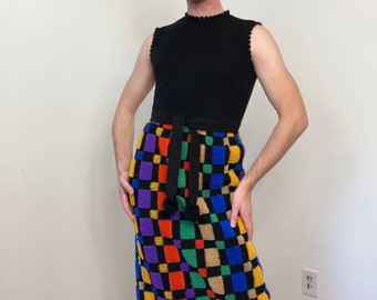 70s Latch hook checkered rainbow maxi dress