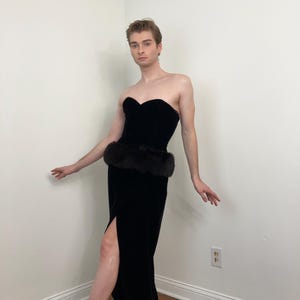 80s Victor Costa Black Velvet Gown With Fox Fur Peplum - Etsy