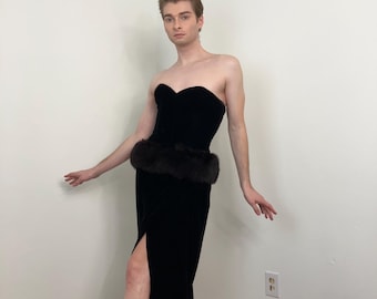 80s Victor Costa black velvet gown with fox fur peplum