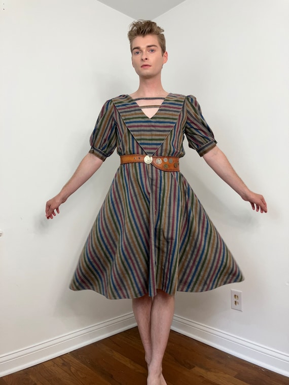 80s muted rainbow stripe dress