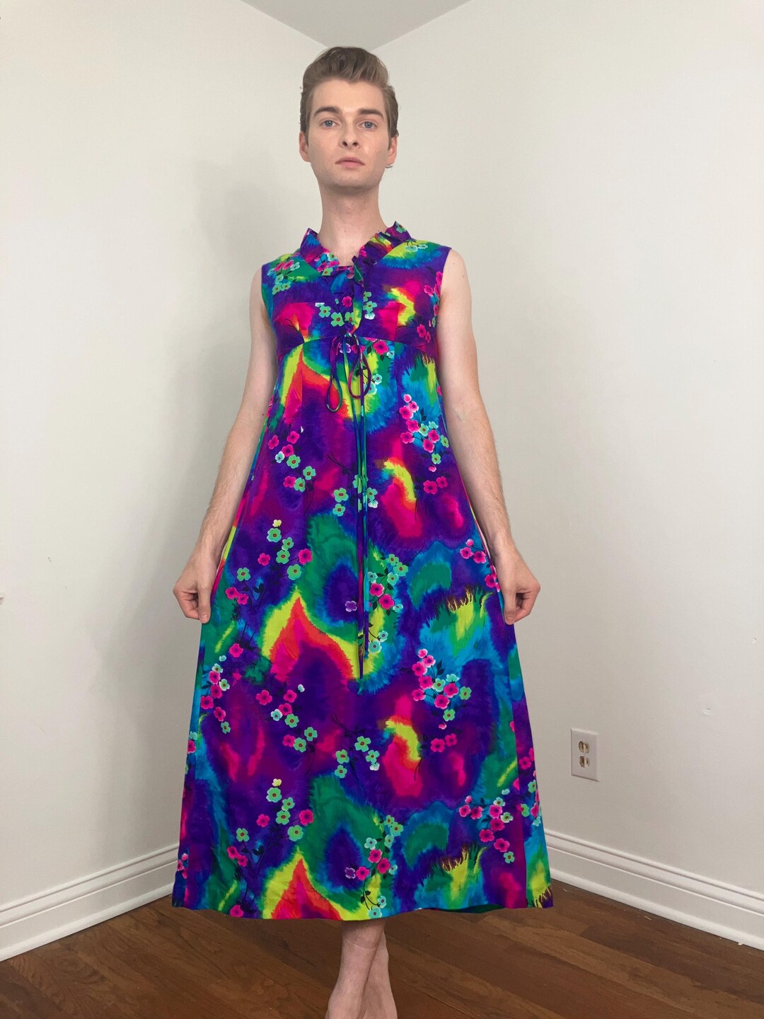 70s Psychedelic Floral Tie-dye Hawaiian Waterfall Back Maxi Dress - Etsy