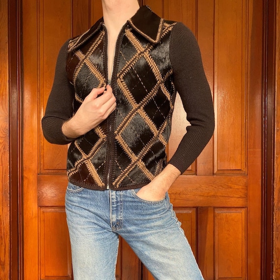 60s/70s Argyle cardigan with calf hair inserts