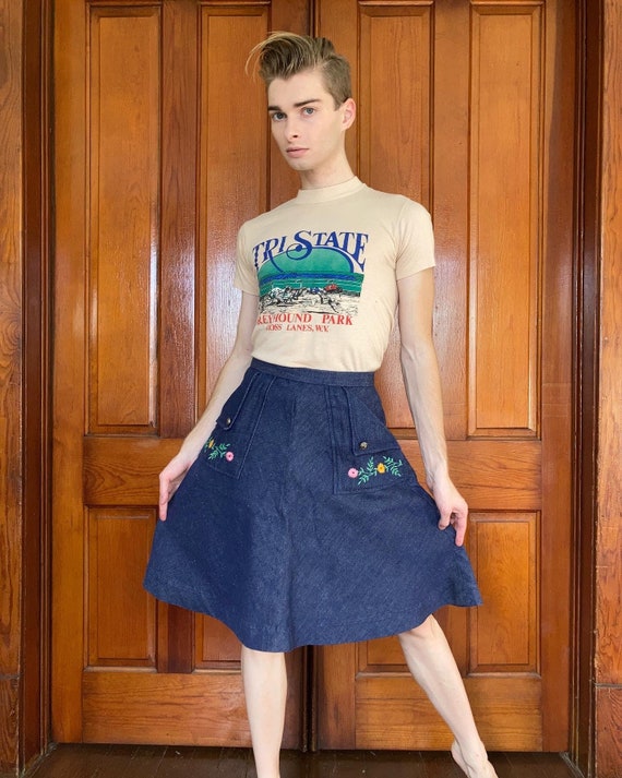 70s embroidered denim skirt