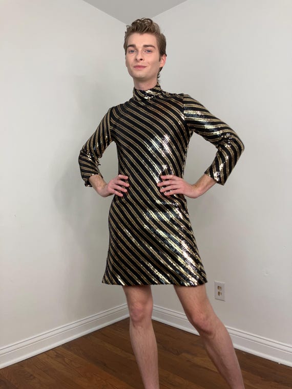 60s Saks Fifth Avenue Gold and Black Sequin Striped Mod Mini Dress