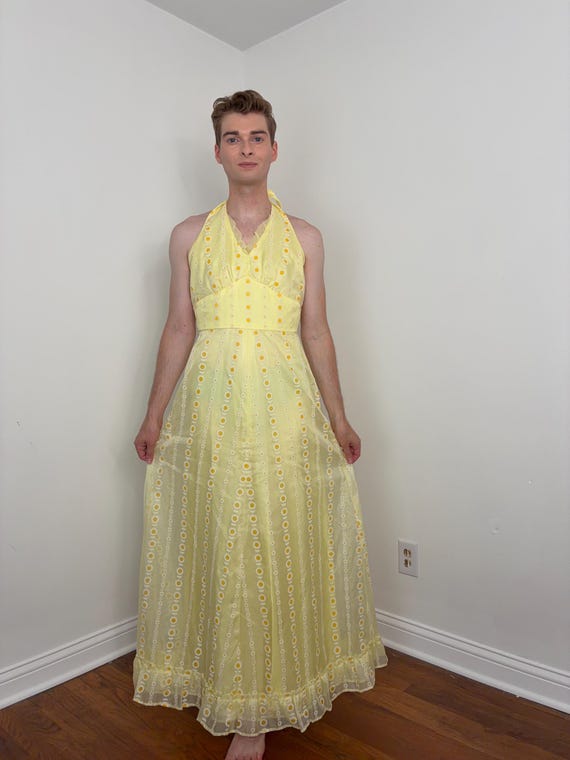 yellow halter maxi dress Vintage 70s Floral Velvet Flocked Flower Power newborn