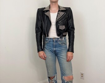 80s La Roxx Studded Black Leather Cropped Moto Jacket - Etsy
