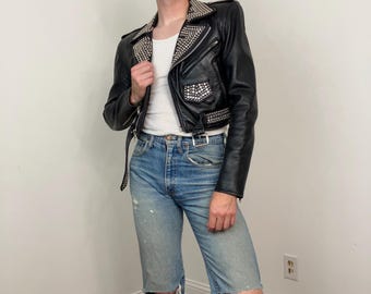 80s La Roxx Studded Black Leather Cropped Moto Jacket - Etsy