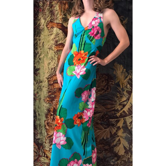 Rare 70s Toni Todd lily pad print cross back maxi