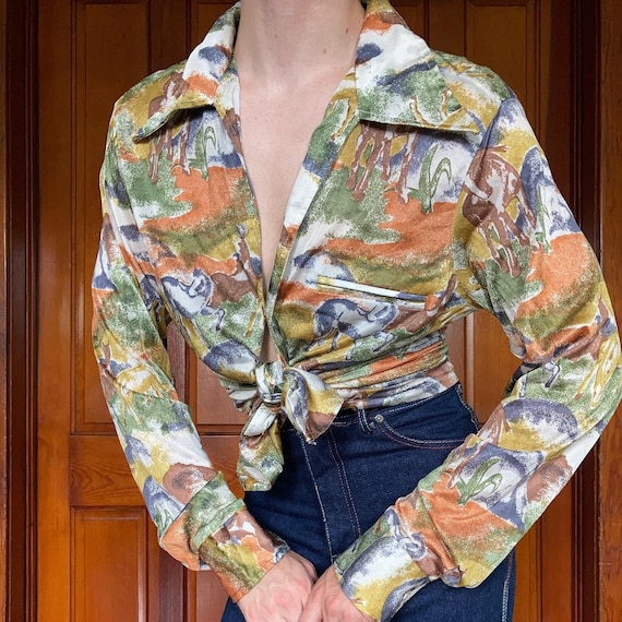 70s Novelty horse print disco shirt